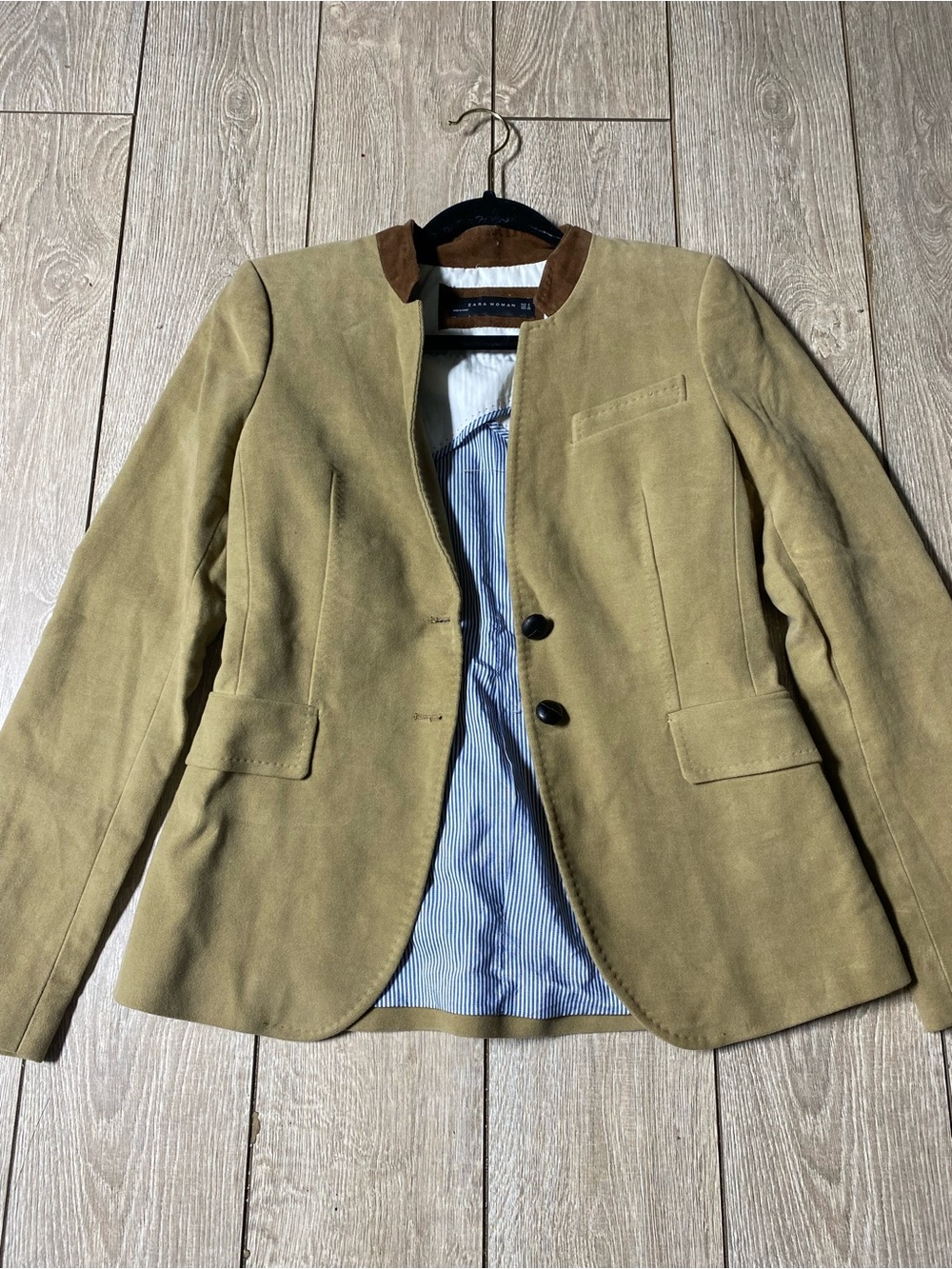 ZARA Woman Tan Moleskin Suede Blazer Jacket Contrast Velvet Collar Small